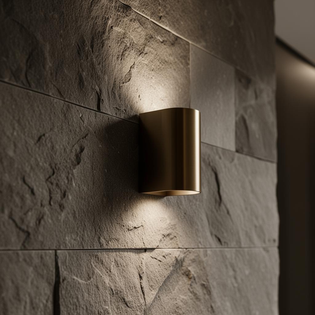 Detail of a brushed brass sconce on textured stone