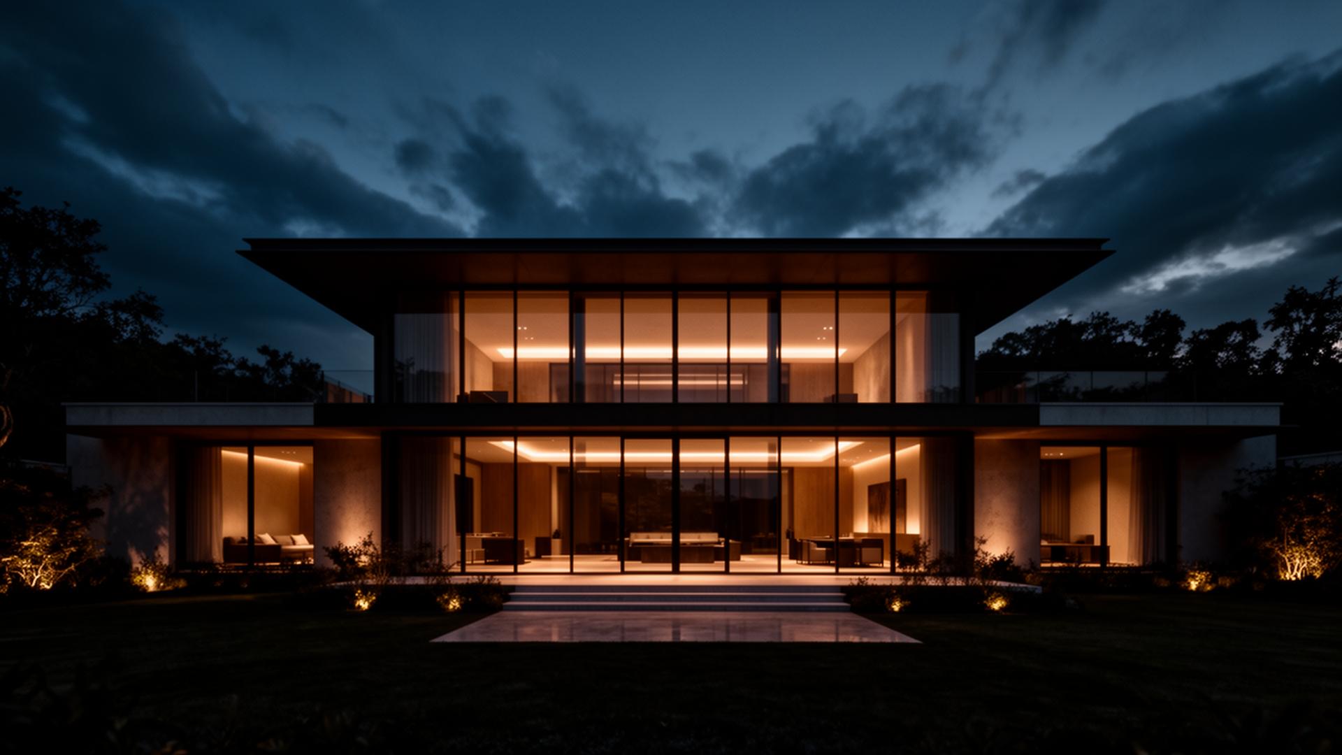 A modern luxury home at dusk